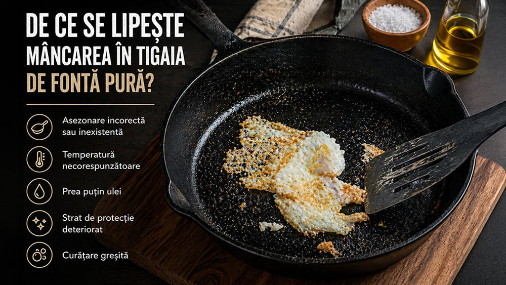 De ce se lipește mâncarea în tigaia de fontă pură? 7 cauze + soluții rapide